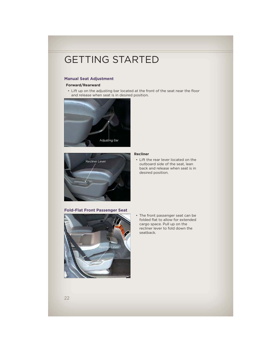 Manual seat adjustment, Fold-flat front passenger seat, Getting started | Jeep 2012 Grand Cherokee SRT - User Guide User Manual | Page 24 / 148