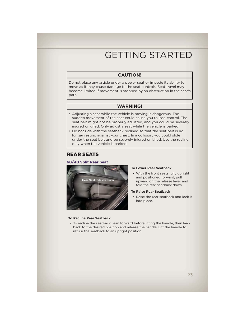 Rear seats, 60/40 split rear seat, Getting started | Jeep 2012 Grand Cherokee SRT - User Guide User Manual | Page 25 / 148