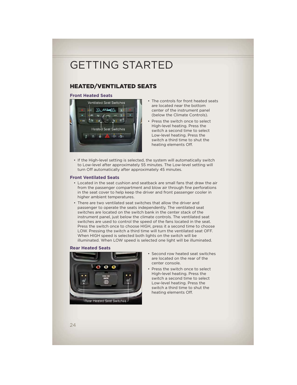 Heated/ventilated seats, Front heated seats, Front ventilated seats | Rear heated seats, Getting started | Jeep 2012 Grand Cherokee SRT - User Guide User Manual | Page 26 / 148