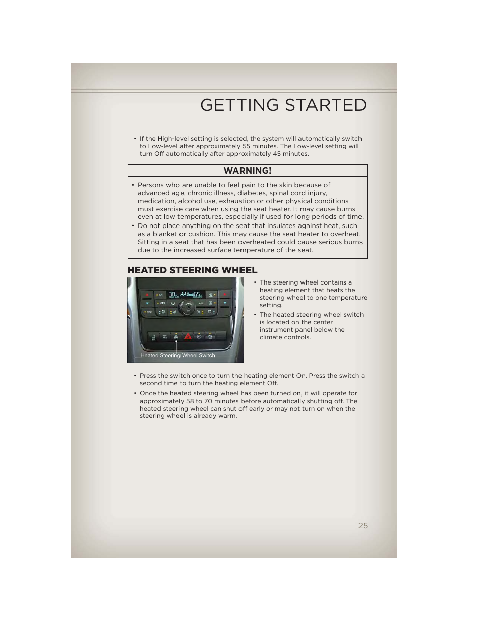 Heated steering wheel, Getting started | Jeep 2012 Grand Cherokee SRT - User Guide User Manual | Page 27 / 148