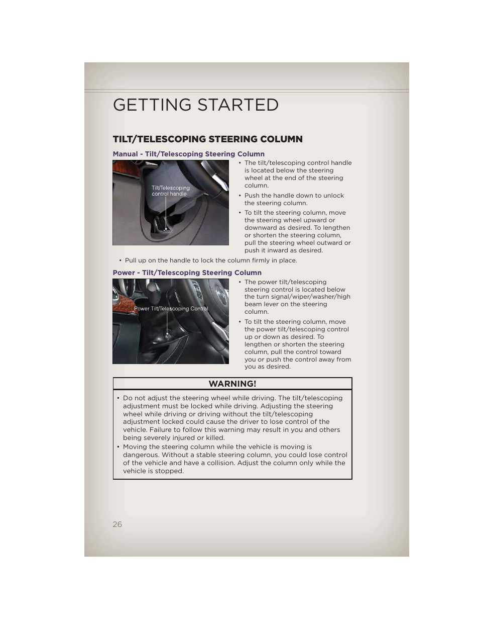 Tilt/telescoping steering column, Manual - tilt/telescoping steering column, Power - tilt/telescoping steering column | Getting started | Jeep 2012 Grand Cherokee SRT - User Guide User Manual | Page 28 / 148