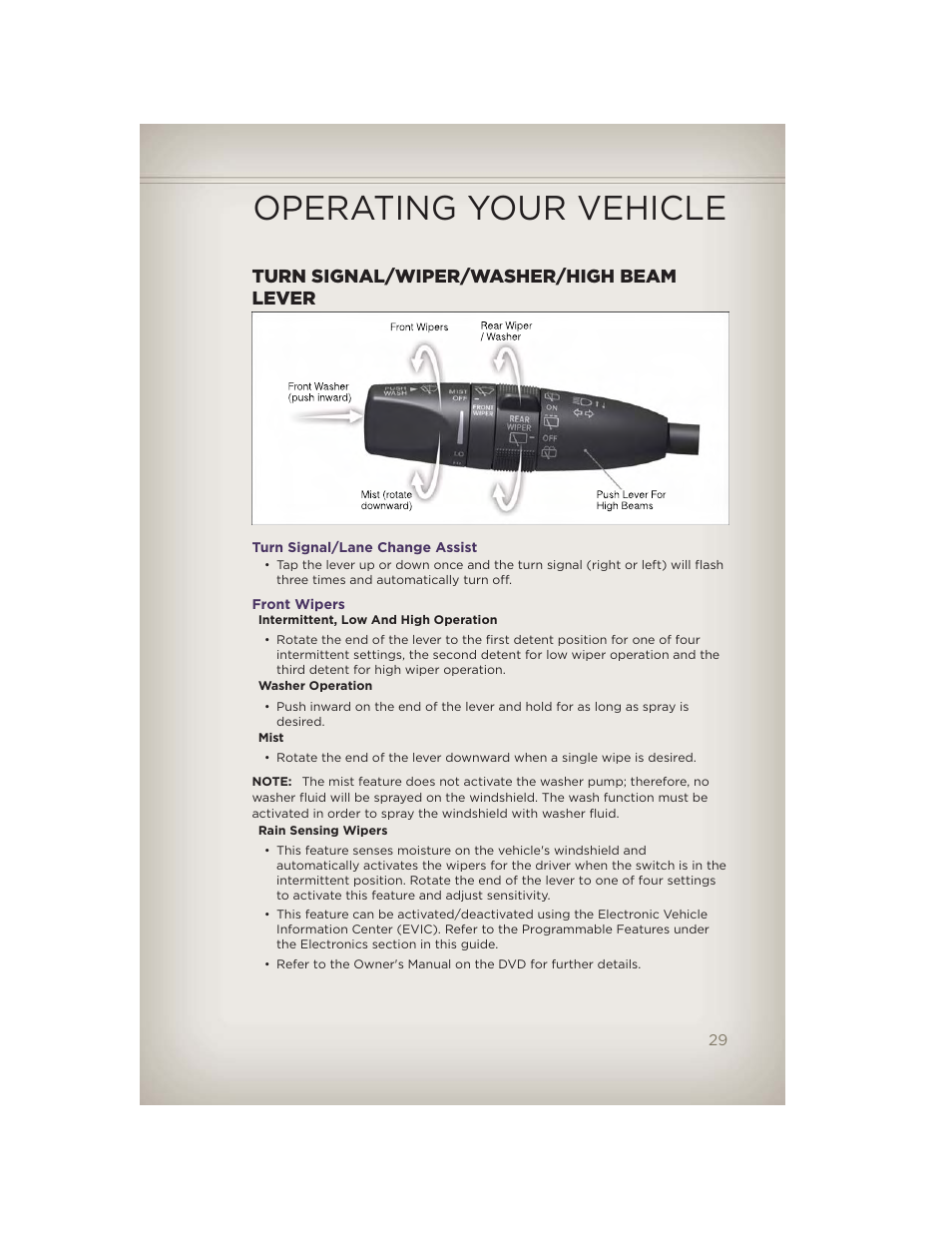 Turn signal/wiper/washer/high beam lever, Turn signal/lane change assist, Front wipers | Operating your vehicle | Jeep 2012 Grand Cherokee SRT - User Guide User Manual | Page 31 / 148