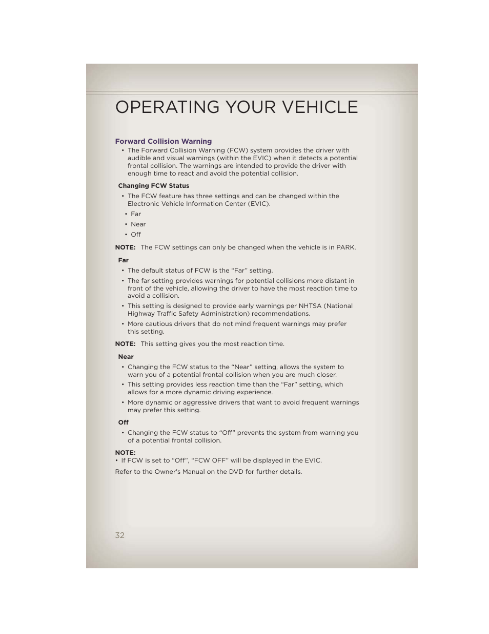 Forward collision warning, Operating your vehicle | Jeep 2012 Grand Cherokee SRT - User Guide User Manual | Page 34 / 148