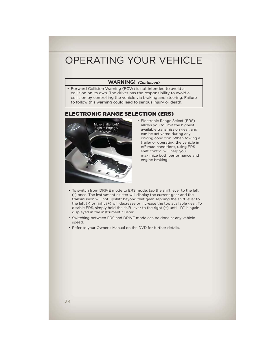 Electronic range selection (ers), Operating your vehicle | Jeep 2012 Grand Cherokee SRT - User Guide User Manual | Page 36 / 148