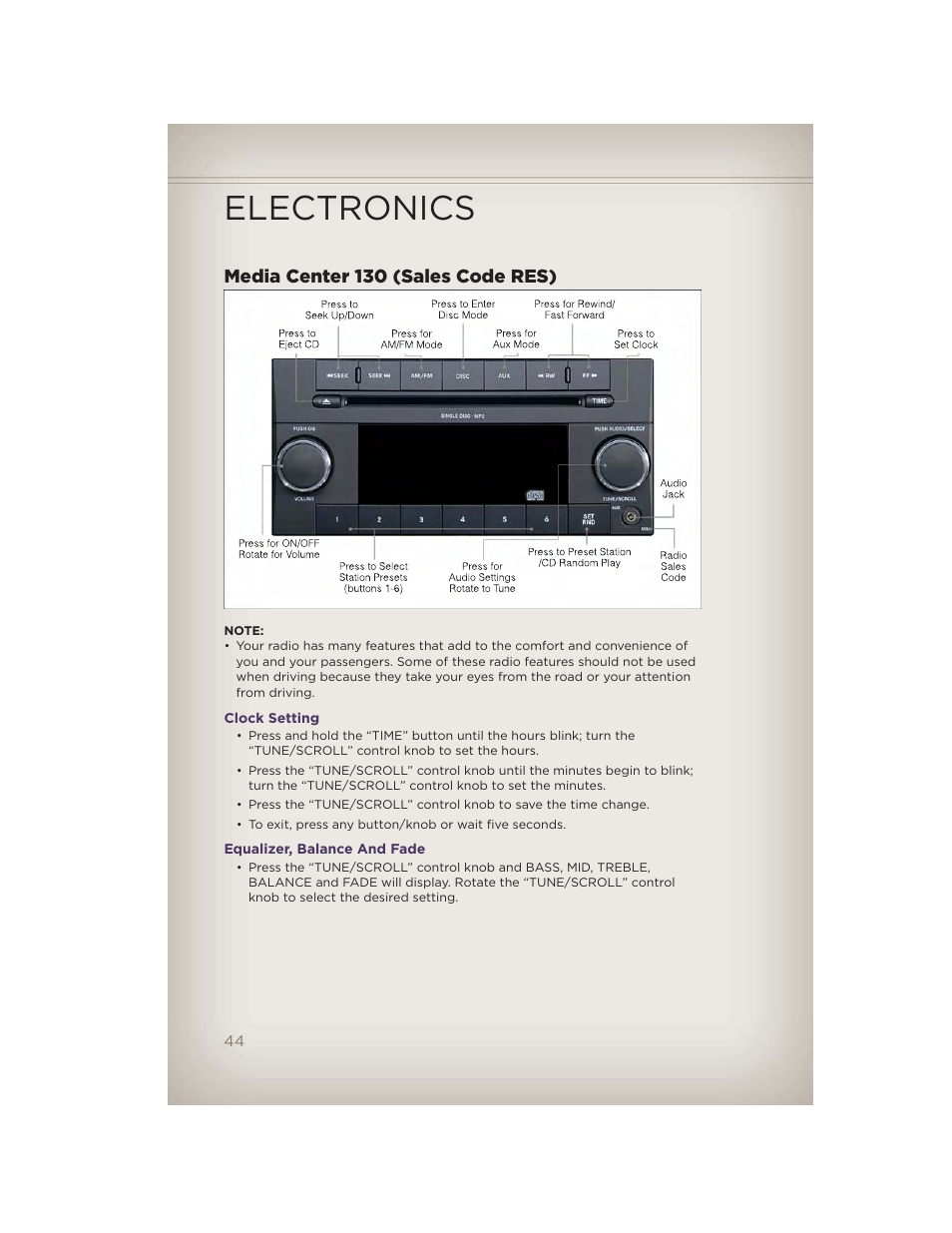 Media center 130 (sales code res), Clock setting, Equalizer, balance and fade | Electronics | Jeep 2012 Grand Cherokee SRT - User Guide User Manual | Page 46 / 148