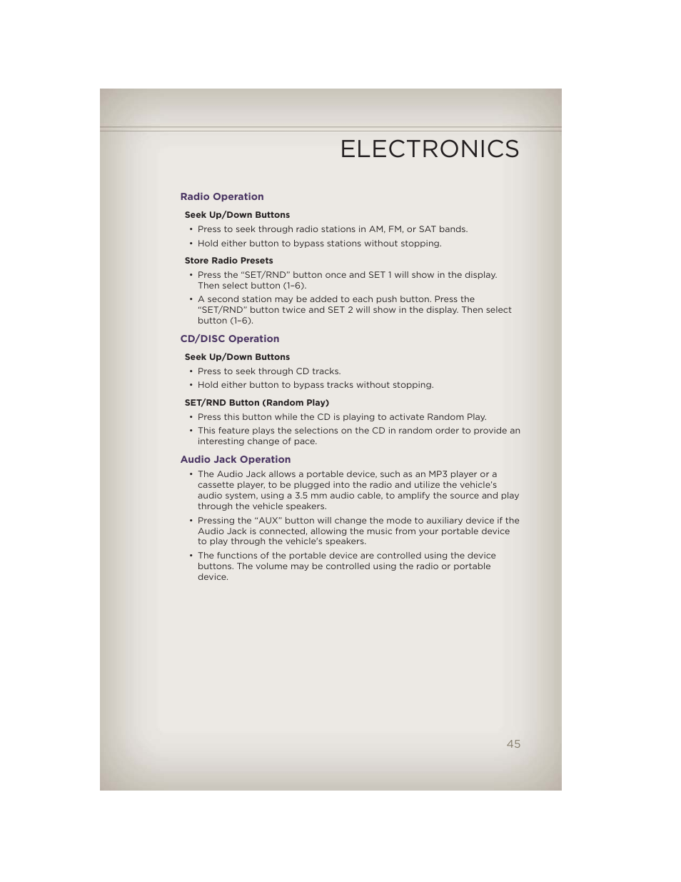 Radio operation, Cd/disc operation, Audio jack operation | Electronics | Jeep 2012 Grand Cherokee SRT - User Guide User Manual | Page 47 / 148