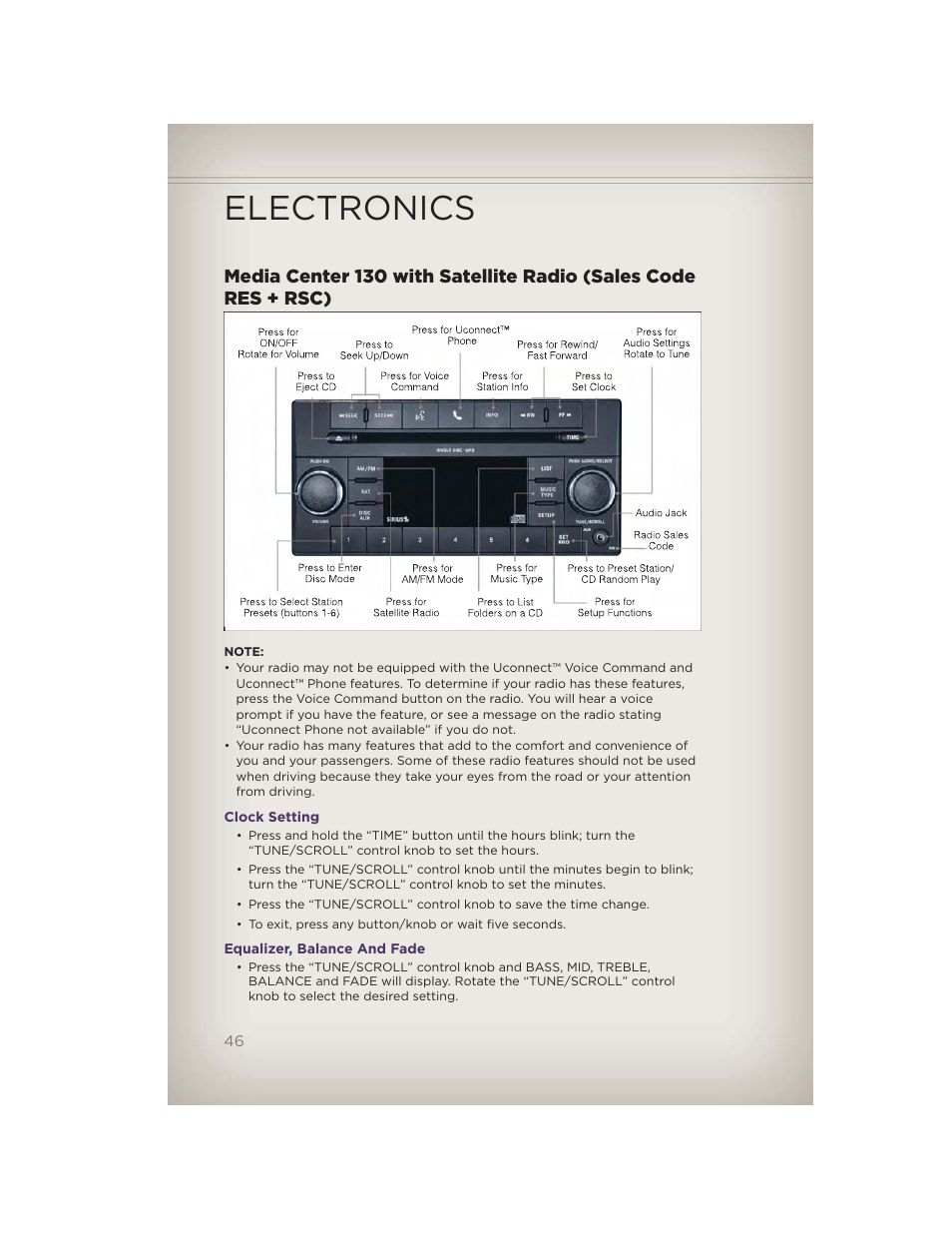 Clock setting, Equalizer, balance and fade, Electronics | Jeep 2012 Grand Cherokee SRT - User Guide User Manual | Page 48 / 148