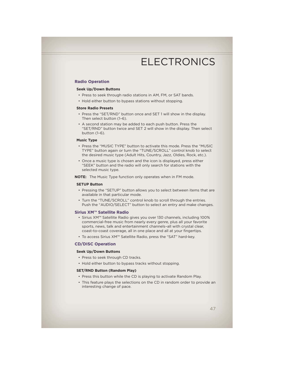 Radio operation, Sirius xm™ satellite radio, Cd/disc operation | Electronics | Jeep 2012 Grand Cherokee SRT - User Guide User Manual | Page 49 / 148