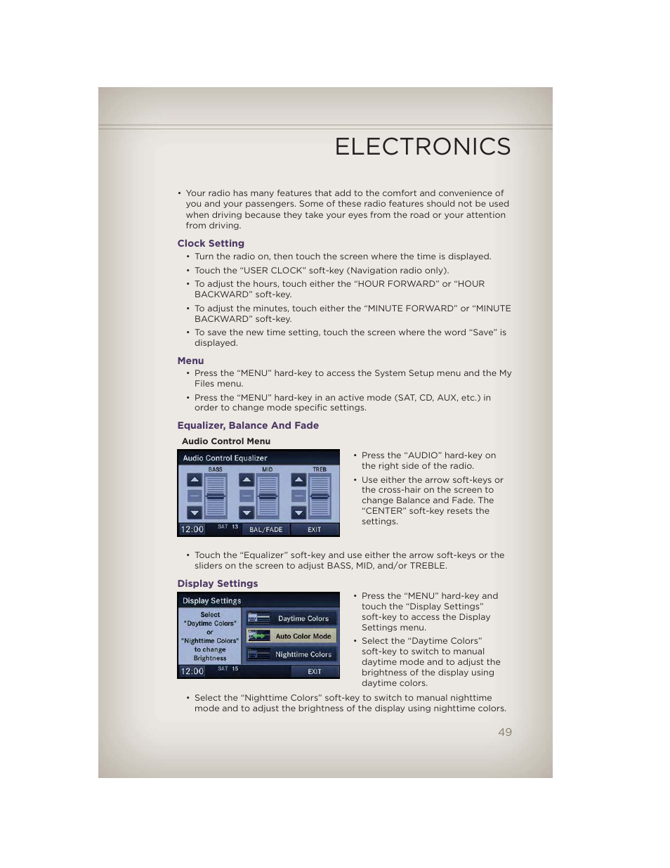 Clock setting, Menu, Equalizer, balance and fade | Display settings, Electronics | Jeep 2012 Grand Cherokee SRT - User Guide User Manual | Page 51 / 148