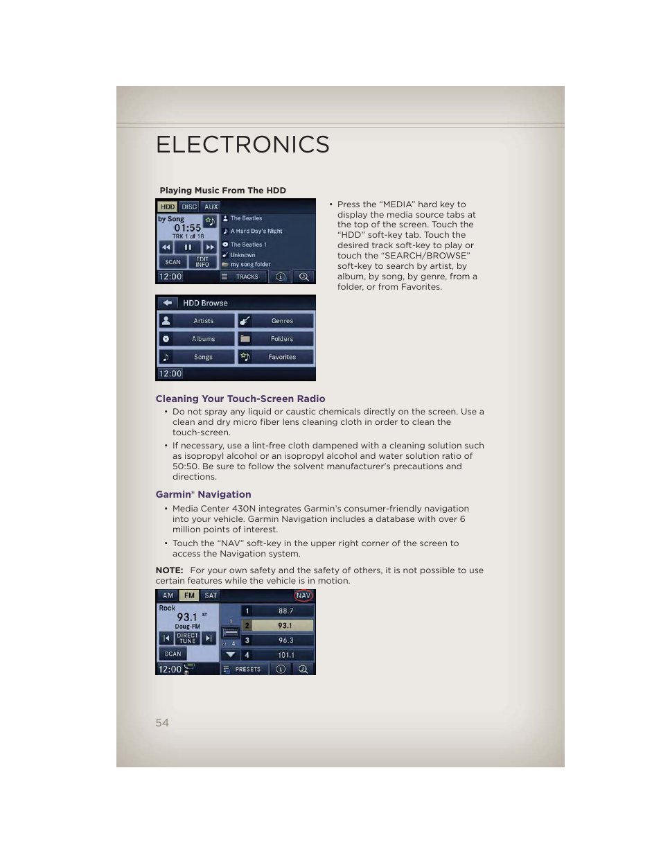 Cleaning your touch-screen radio, Garmin® navigation, Electronics | Jeep 2012 Grand Cherokee SRT - User Guide User Manual | Page 56 / 148