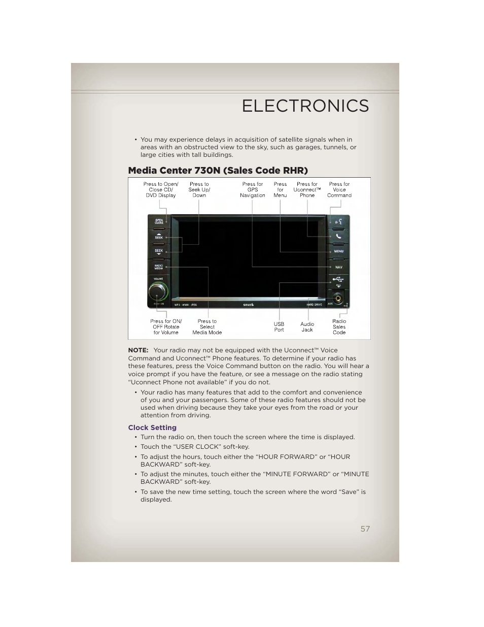 Media center 730n (sales code rhr), Clock setting, Electronics | Jeep 2012 Grand Cherokee SRT - User Guide User Manual | Page 59 / 148