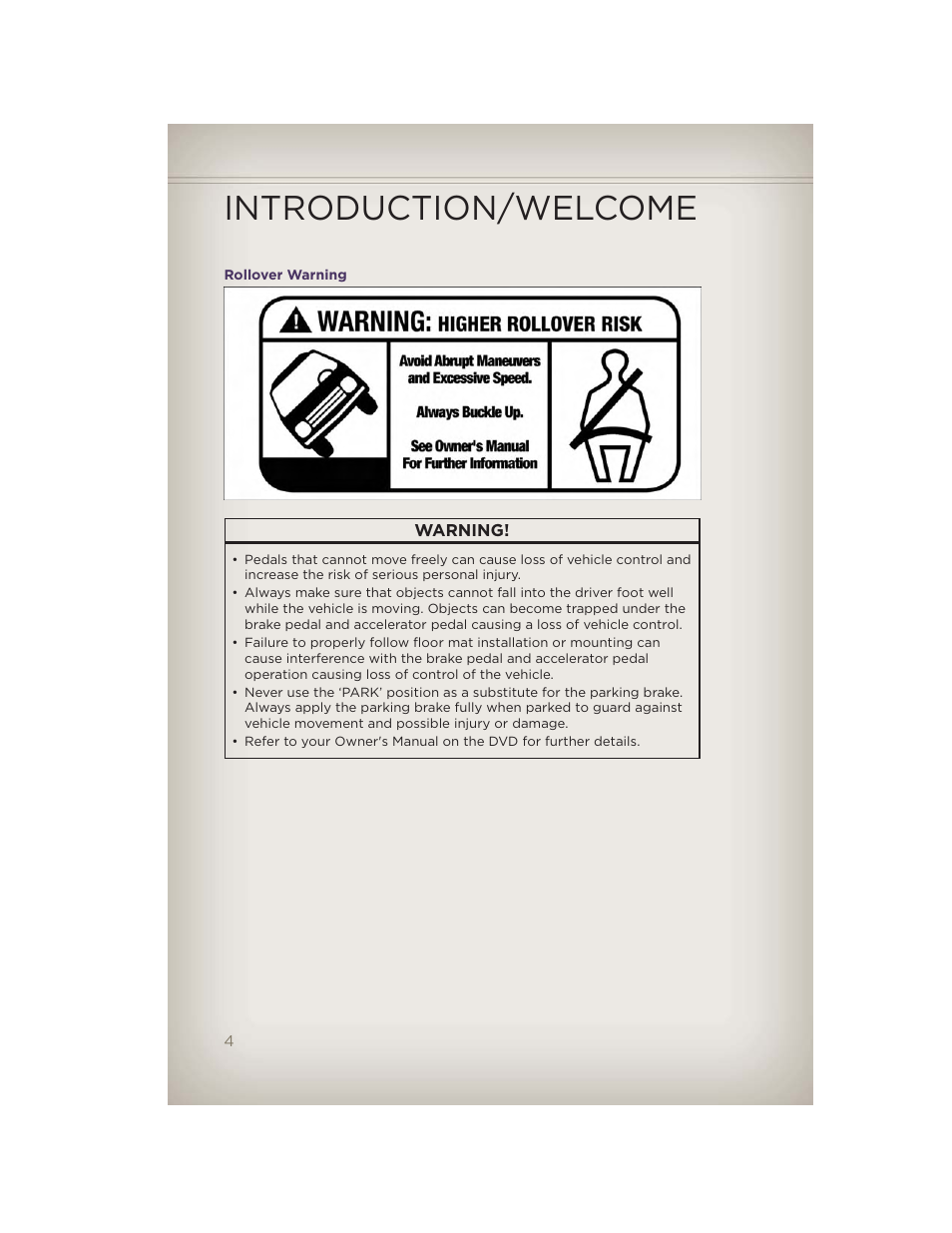 Rollover warning, Introduction/welcome | Jeep 2012 Grand Cherokee SRT - User Guide User Manual | Page 6 / 148