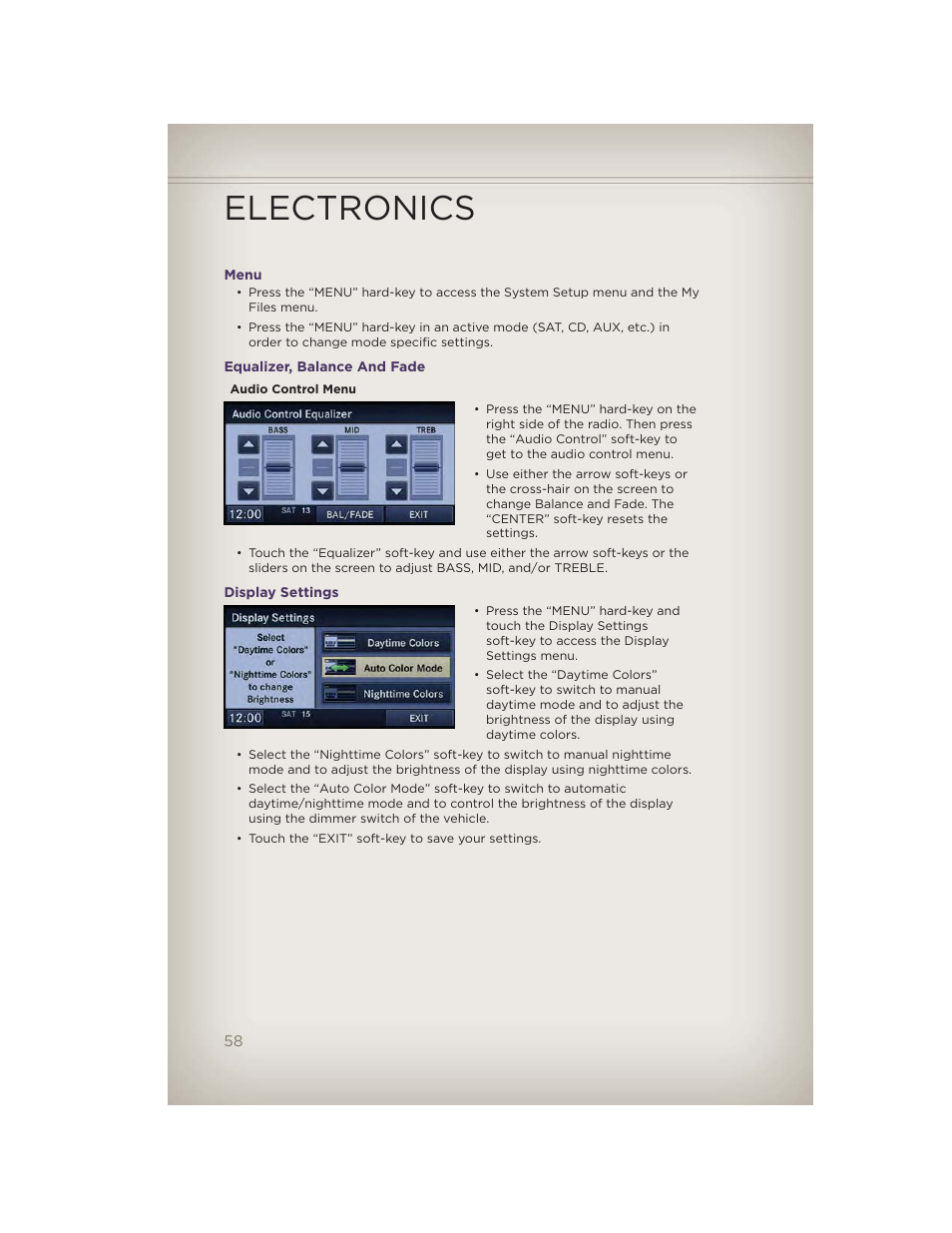 Menu, Equalizer, balance and fade, Display settings | Electronics | Jeep 2012 Grand Cherokee SRT - User Guide User Manual | Page 60 / 148