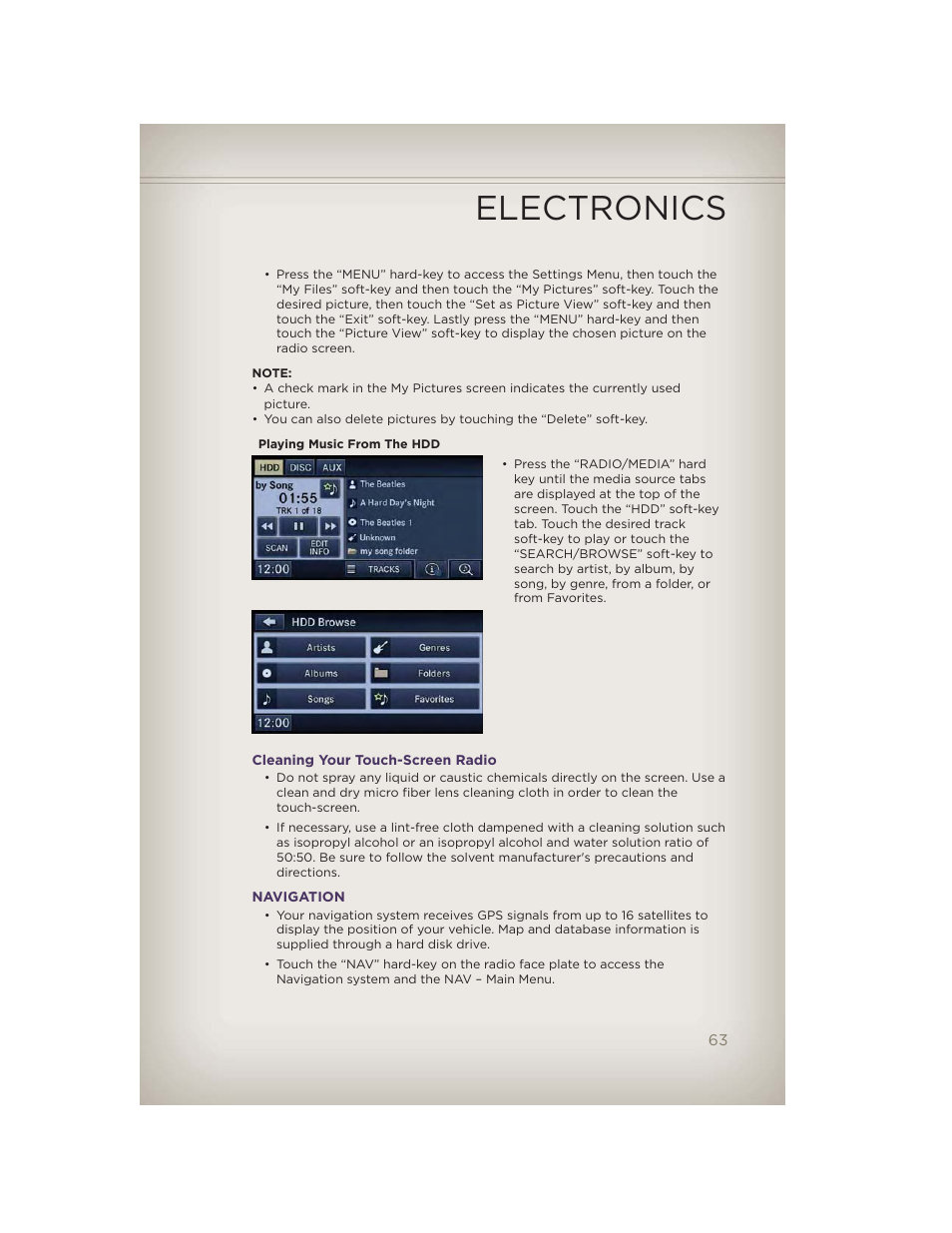 Cleaning your touch-screen radio, Navigation, Electronics | Jeep 2012 Grand Cherokee SRT - User Guide User Manual | Page 65 / 148