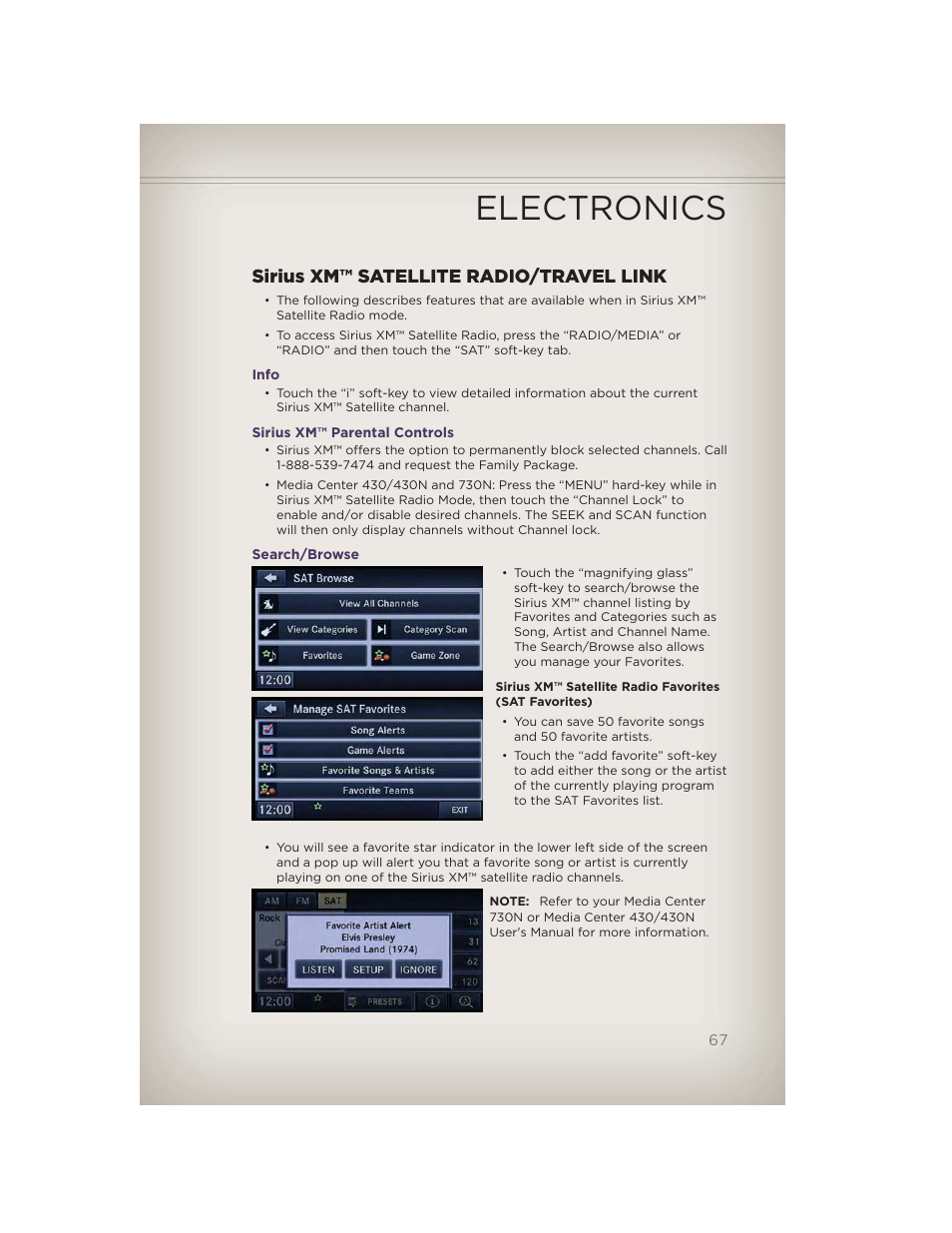 Sirius xm™ satellite radio/travel link, Info, Sirius xm™ parental controls | Search/browse, Electronics | Jeep 2012 Grand Cherokee SRT - User Guide User Manual | Page 69 / 148