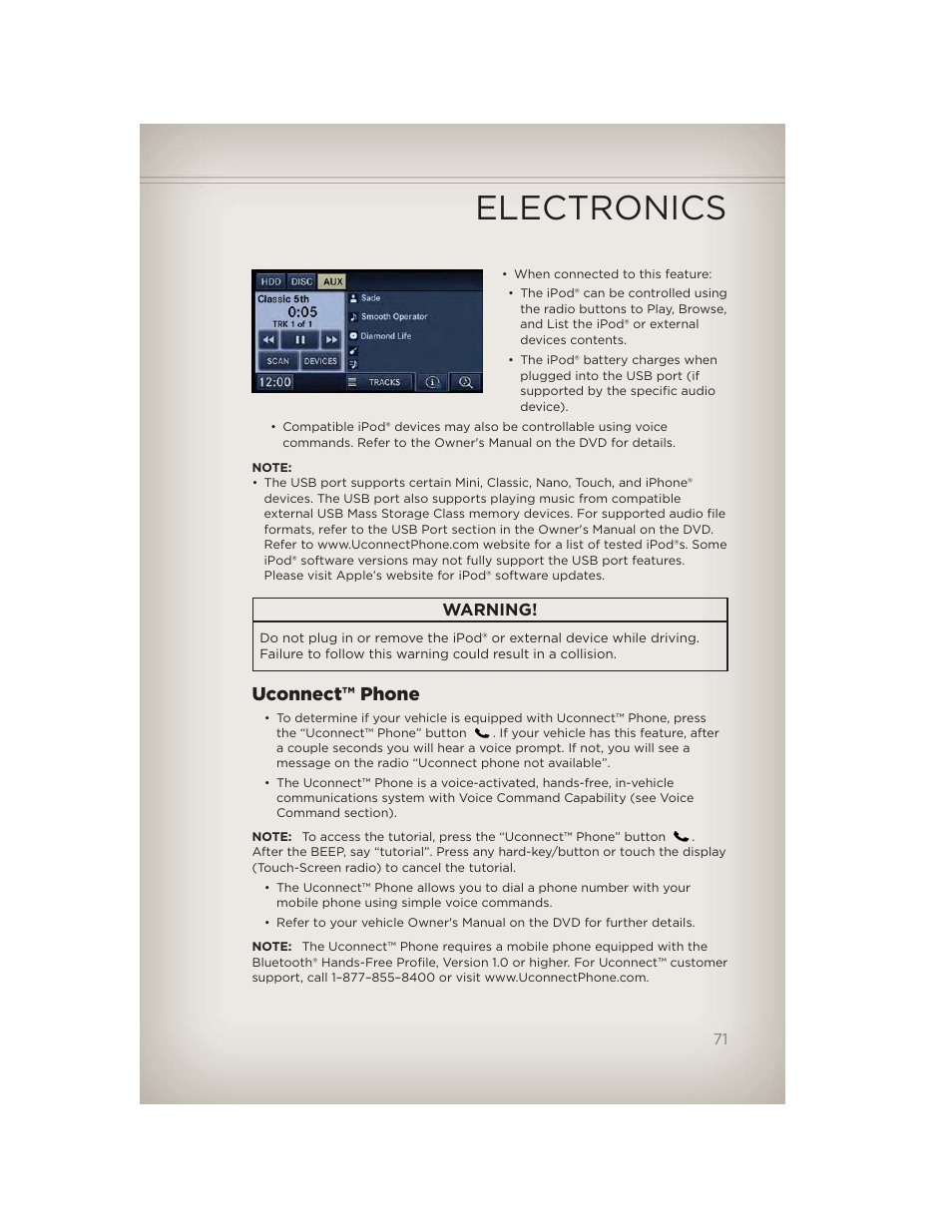 Uconnect™ phone, Electronics, Warning | Jeep 2012 Grand Cherokee SRT - User Guide User Manual | Page 73 / 148