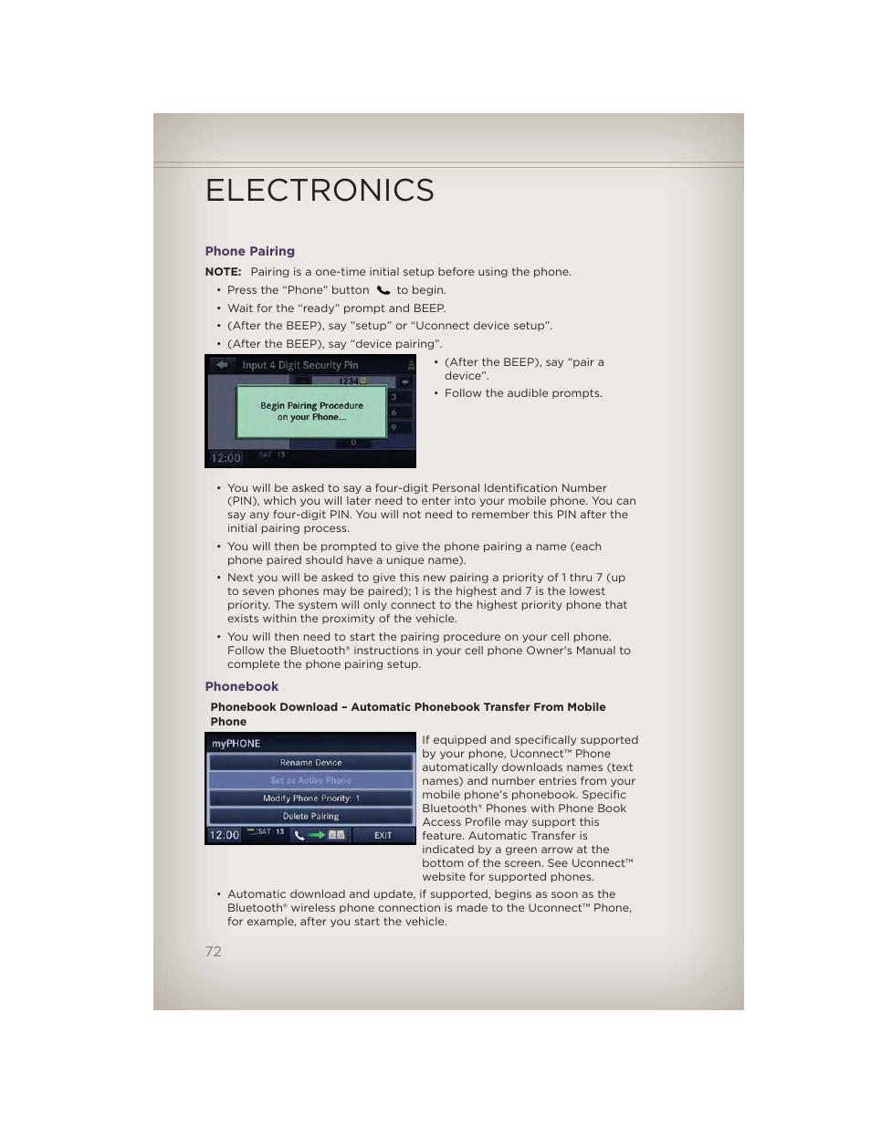 Phone pairing, Phonebook, Electronics | Jeep 2012 Grand Cherokee SRT - User Guide User Manual | Page 74 / 148