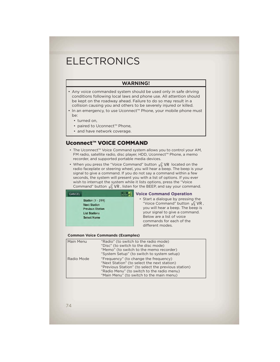 Uconnect™ voice command, Voice command operation, Electronics | Jeep 2012 Grand Cherokee SRT - User Guide User Manual | Page 76 / 148