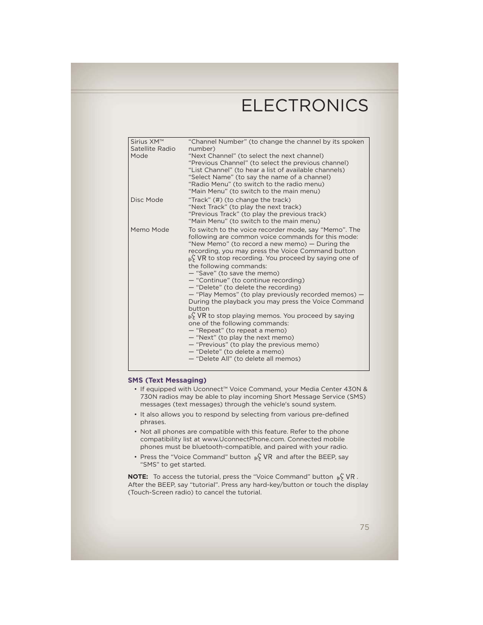 Sms (text messaging), Electronics | Jeep 2012 Grand Cherokee SRT - User Guide User Manual | Page 77 / 148
