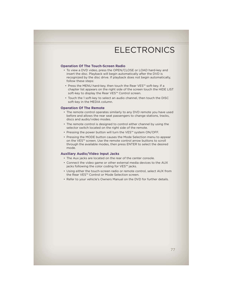 Operation of the touch-screen radio, Operation of the remote, Auxiliary audio/video input jacks | Electronics | Jeep 2012 Grand Cherokee SRT - User Guide User Manual | Page 79 / 148