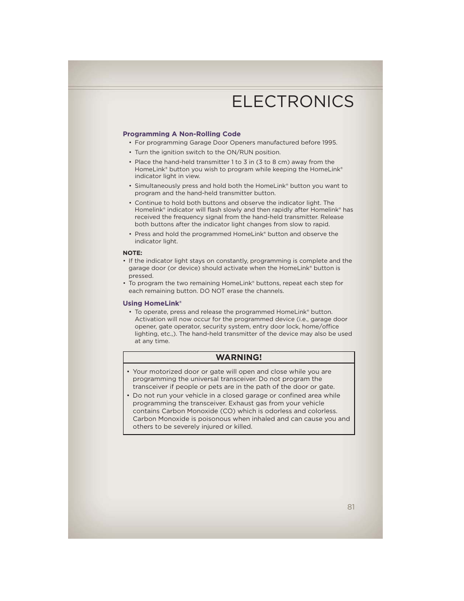 Programming a non-rolling code, Using homelink, Electronics | Warning | Jeep 2012 Grand Cherokee SRT - User Guide User Manual | Page 83 / 148