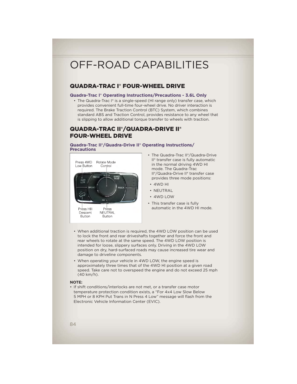Off-road capabilities, Quadra-trac i® four-wheel drive, Quadra-trac ii®/quadra-drive ii® four-wheel drive | Jeep 2012 Grand Cherokee SRT - User Guide User Manual | Page 86 / 148