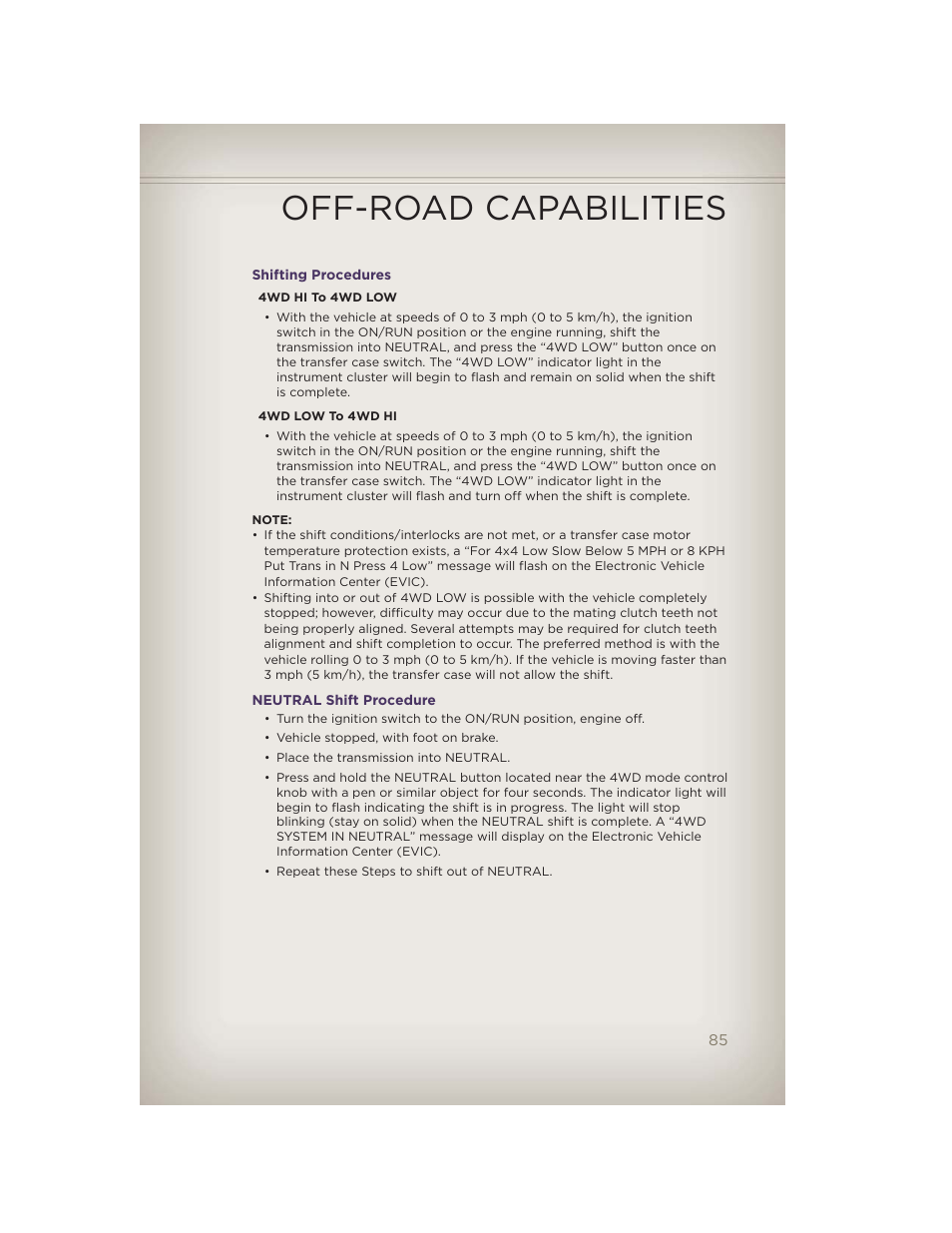 Shifting procedures, Neutral shift procedure, Off-road capabilities | Jeep 2012 Grand Cherokee SRT - User Guide User Manual | Page 87 / 148