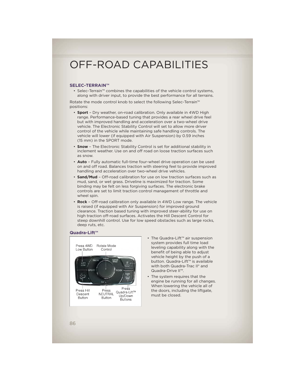 Selec-terrain, Quadra-lift, Off-road capabilities | Jeep 2012 Grand Cherokee SRT - User Guide User Manual | Page 88 / 148