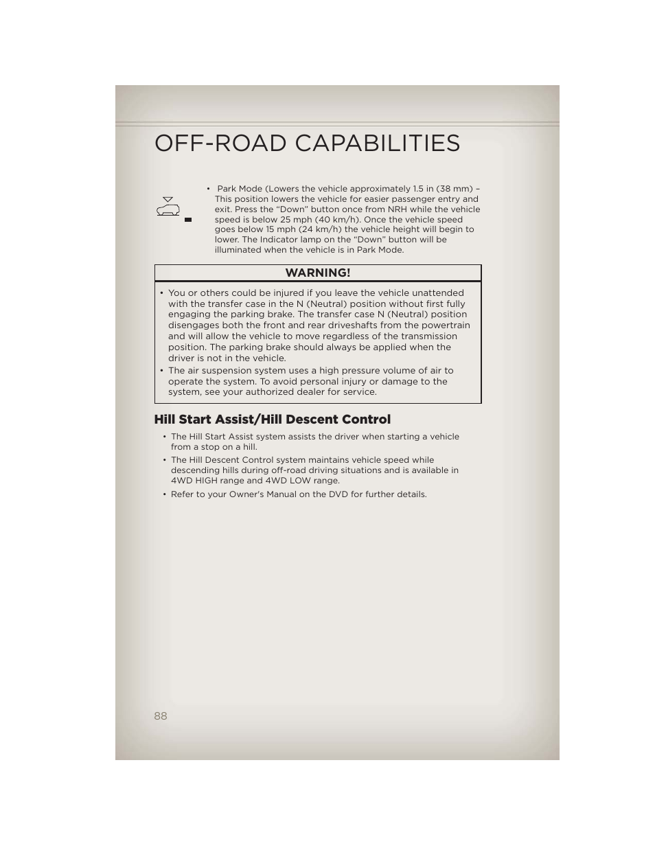 Hill start assist/hill descent control, Off-road capabilities | Jeep 2012 Grand Cherokee SRT - User Guide User Manual | Page 90 / 148