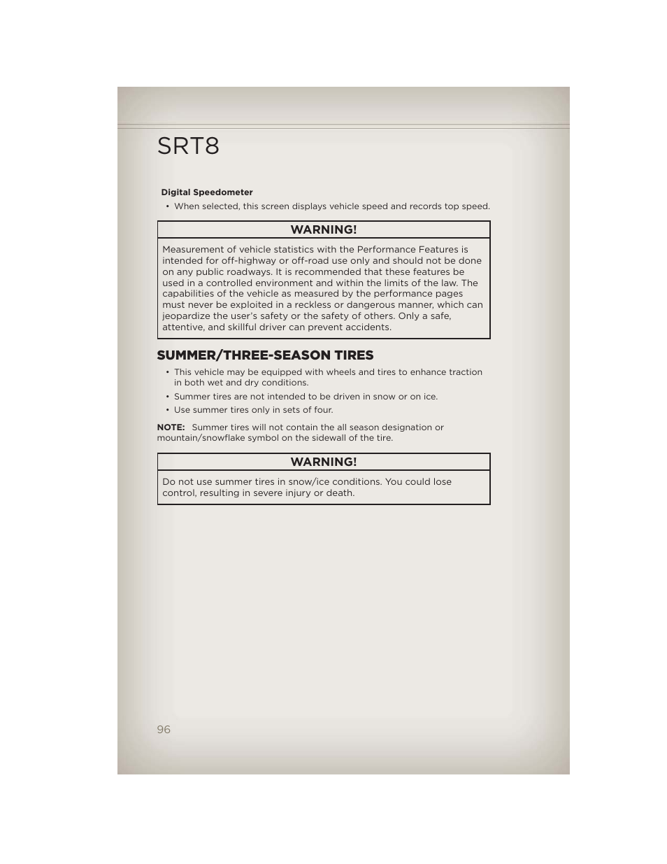 Summer/three-season tires, Srt8 | Jeep 2012 Grand Cherokee SRT - User Guide User Manual | Page 98 / 148