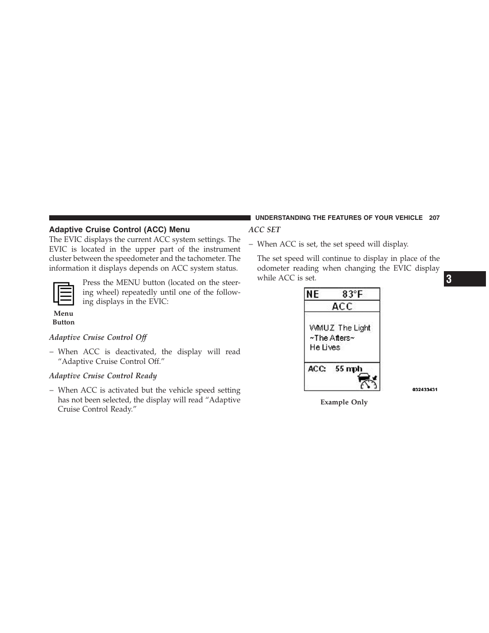 Adaptive cruise control (acc) menu | Jeep 2012 Grand Cherokee SRT - Owner Manual User Manual | Page 209 / 612