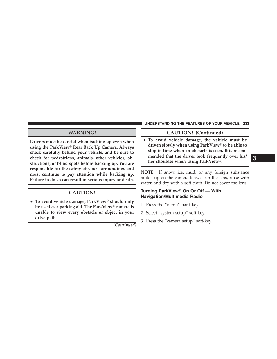 Turning parkview௡ on or off — with, Navigation/multimedia radio | Jeep 2012 Grand Cherokee SRT - Owner Manual User Manual | Page 235 / 612