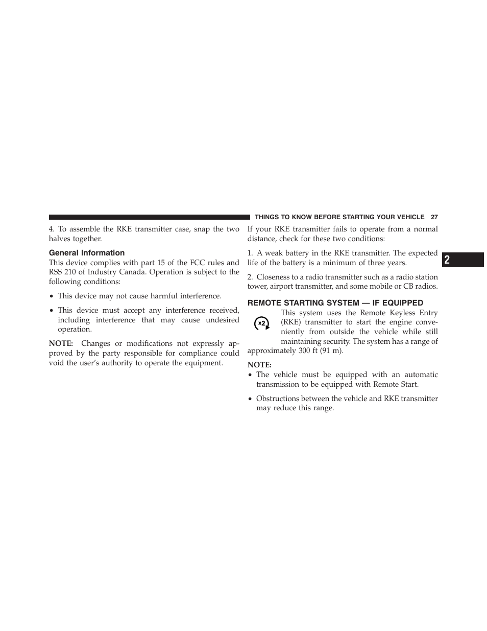 General information, Remote starting system — if equipped | Jeep 2012 Grand Cherokee SRT - Owner Manual User Manual | Page 29 / 612