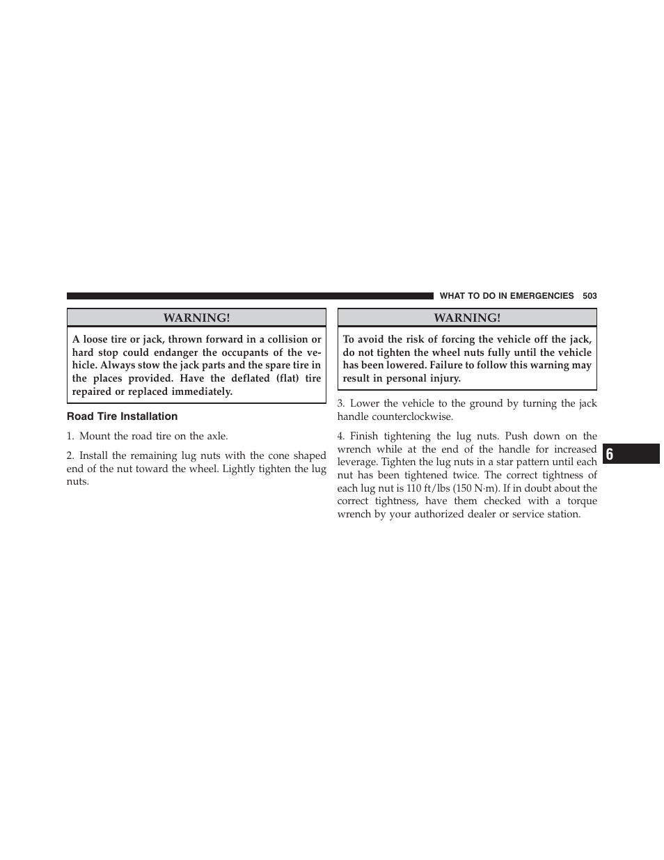 Road tire installation | Jeep 2012 Grand Cherokee SRT - Owner Manual User Manual | Page 505 / 612