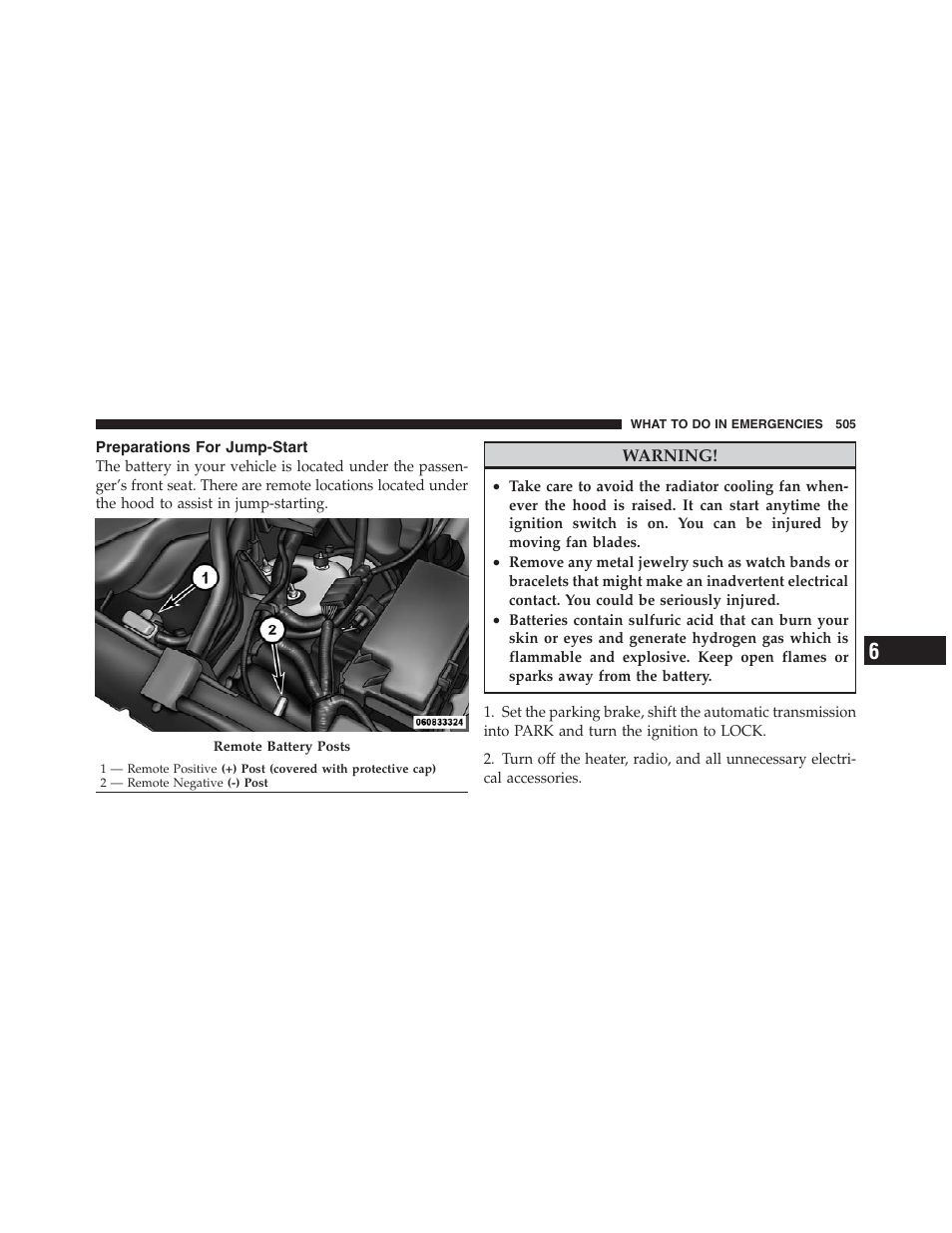 Preparations for jump-start | Jeep 2012 Grand Cherokee SRT - Owner Manual User Manual | Page 507 / 612