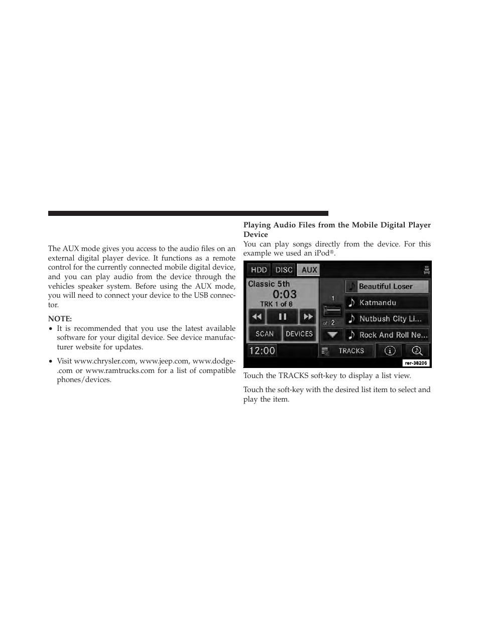 Uconnect™ multimedia (remote devices), Aux mode (if equipped) | Ram Trucks MEDIA CENTER 730N for Chrysler User Manual | Page 106 / 216