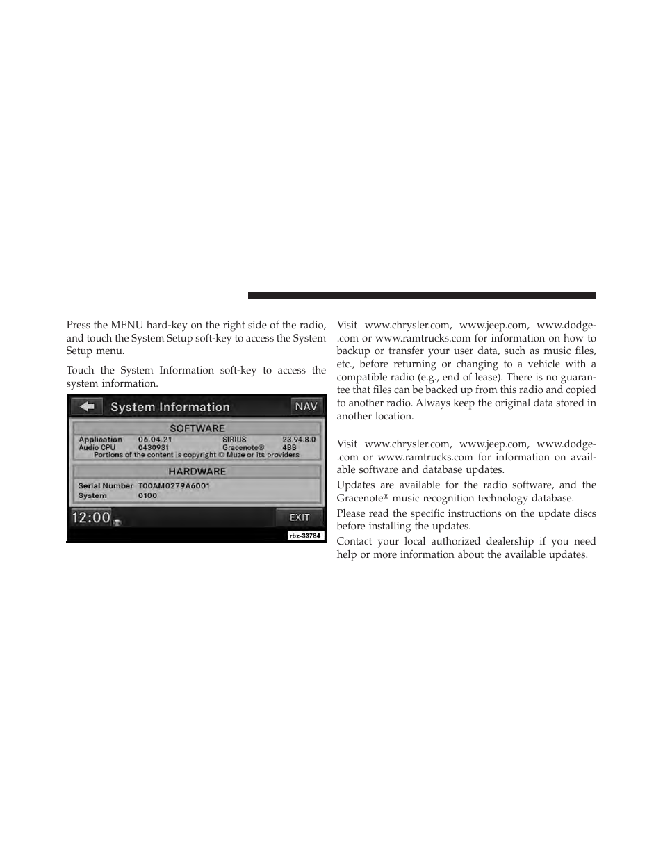 System information, User data backup, Software and database updates | Ram Trucks MEDIA CENTER 430N for Jeep User Manual | Page 133 / 136