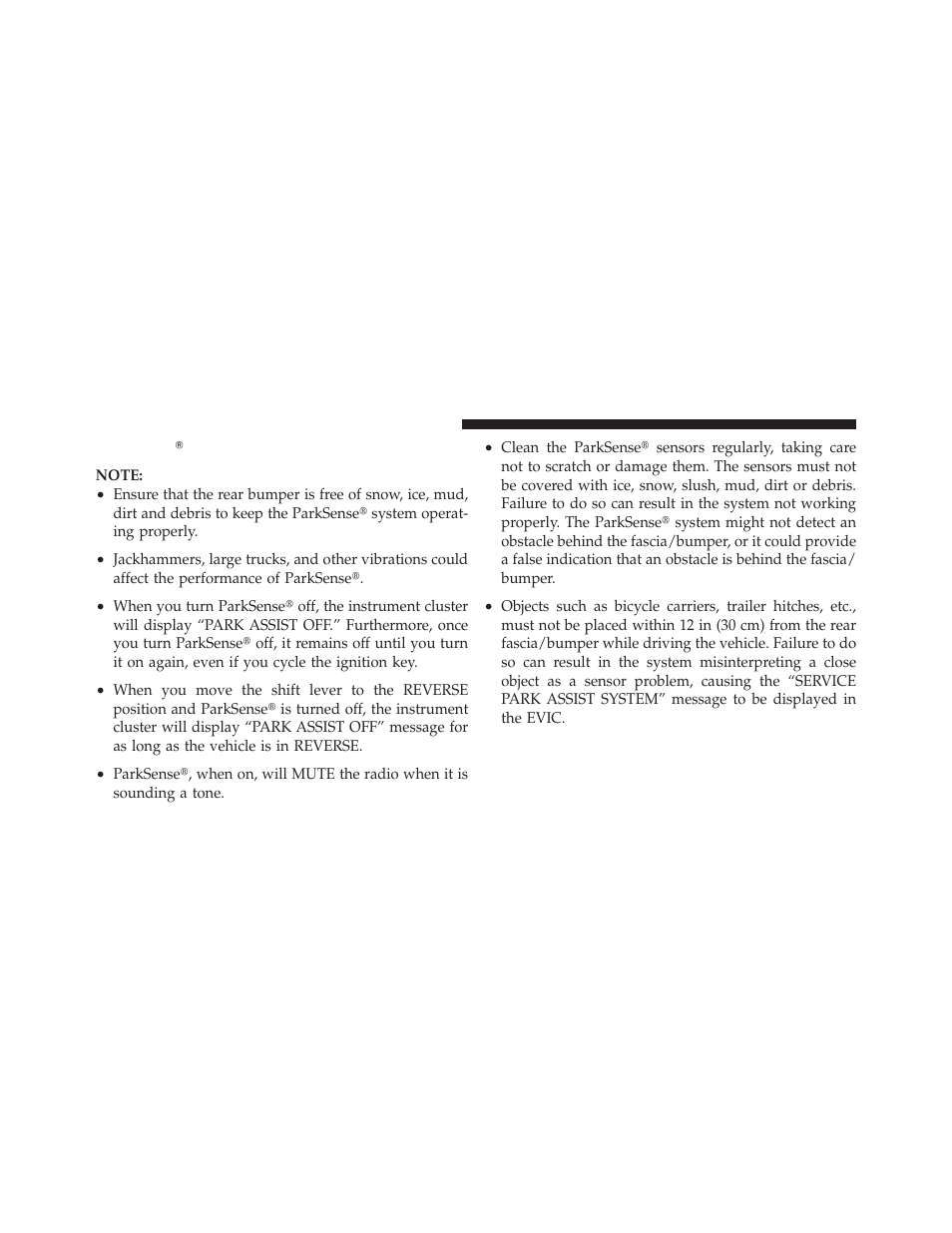 Parksense® system usage precautions, Parksense௡ system usage precautions | Jeep 2012 Liberty - Owner Manual User Manual | Page 184 / 558