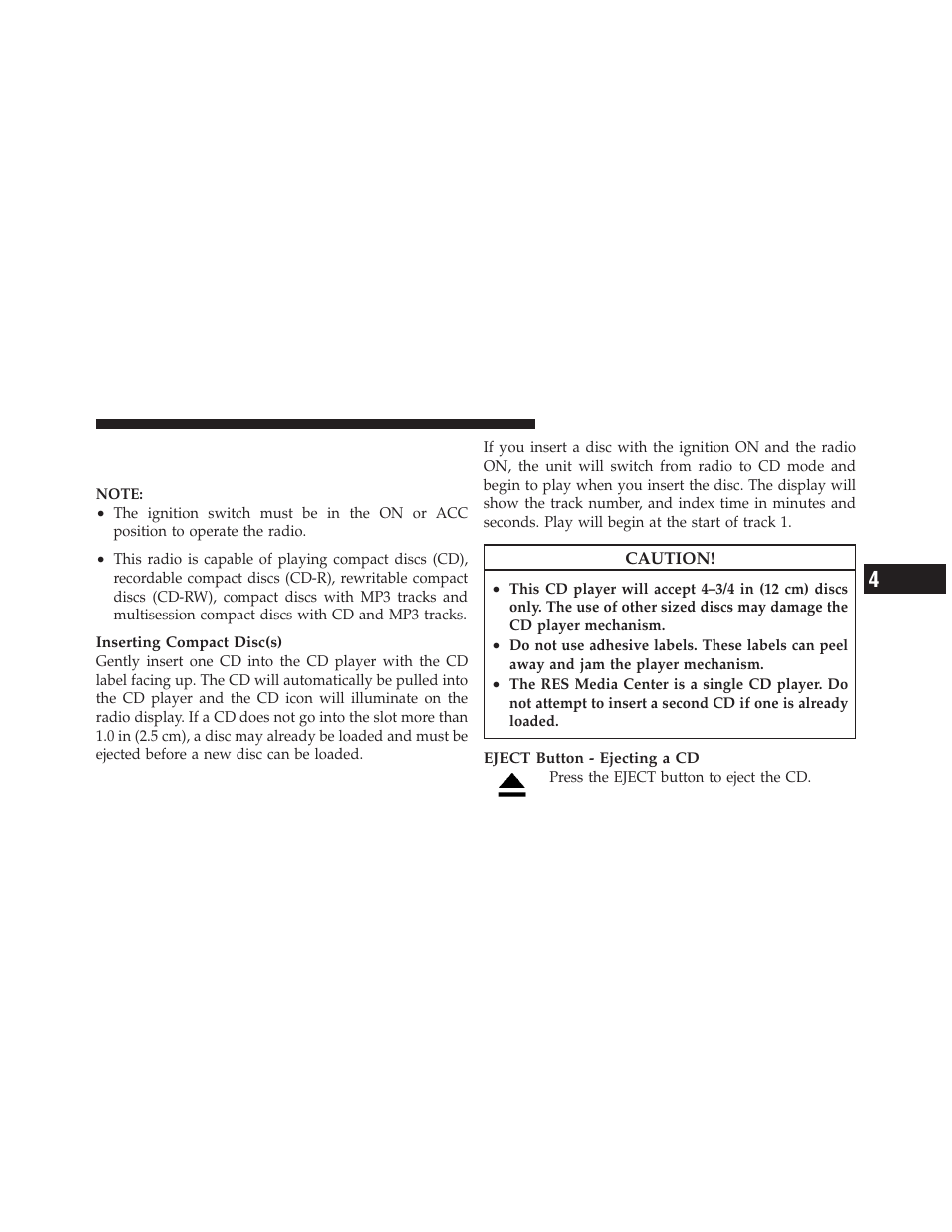 Operation instructions — cd mode for cd, And mp3 audio play | Jeep 2012 Liberty - Owner Manual User Manual | Page 291 / 558