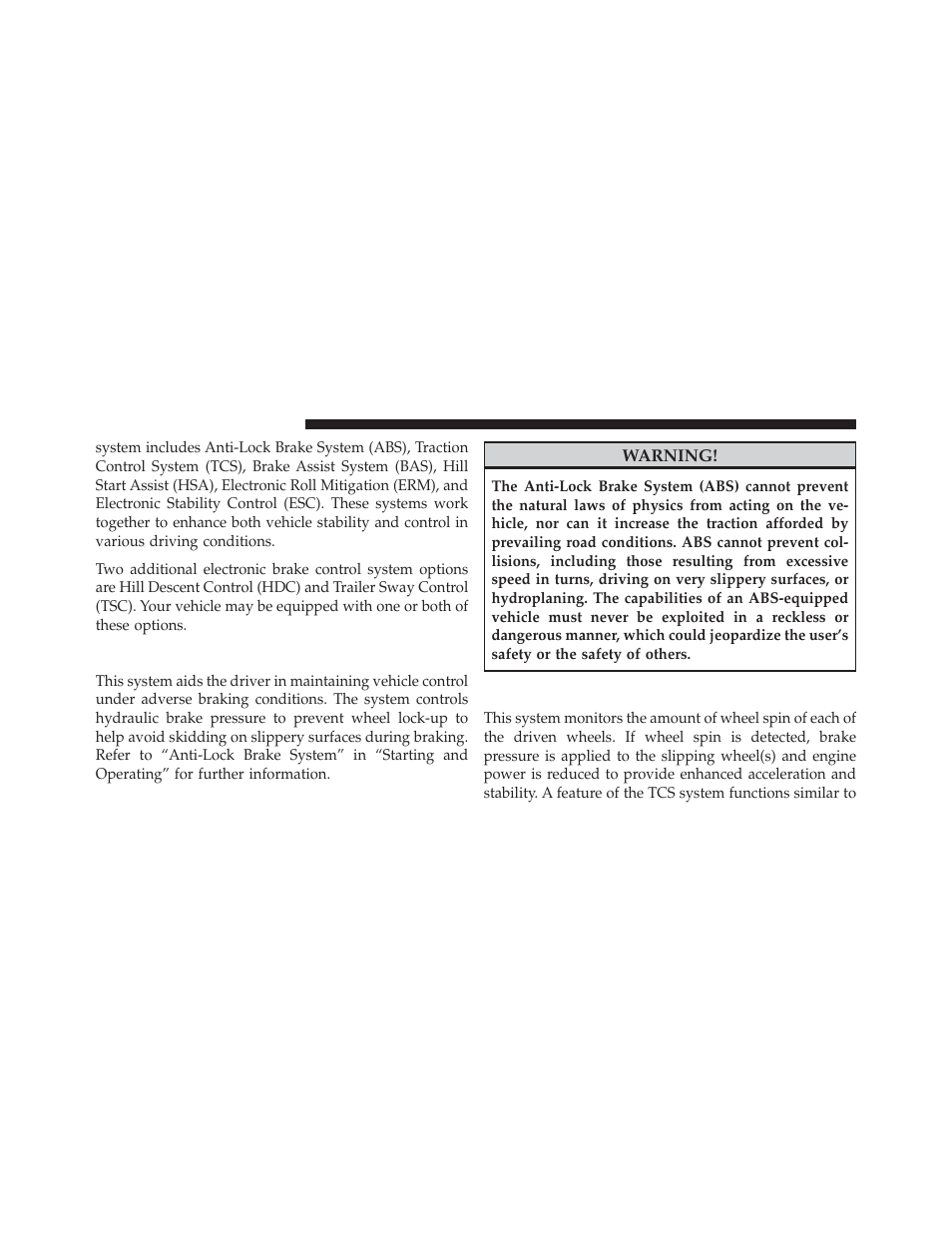 Anti-lock brake system (abs), Traction control system (tcs) | Jeep 2012 Liberty - Owner Manual User Manual | Page 358 / 558