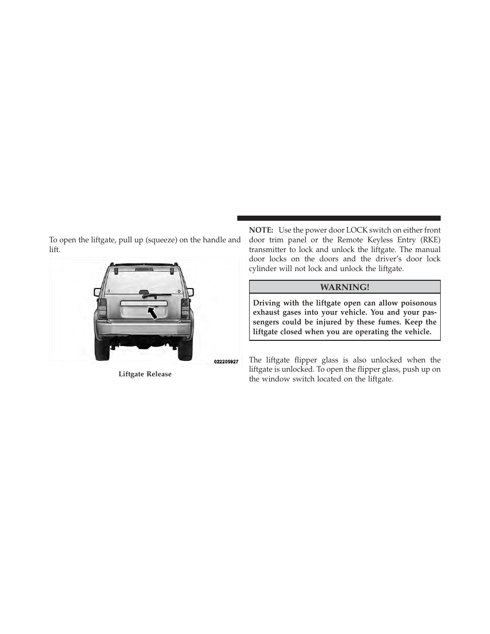 Liftgate, Liftgate flipper glass | Jeep 2012 Liberty - Owner Manual User Manual | Page 42 / 558