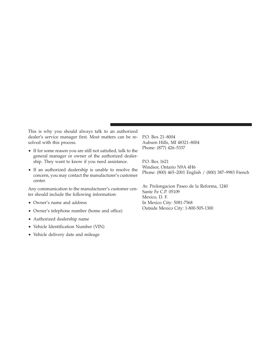 Chrysler group llc customer center, Chrysler canada inc. customer center, In mexico contact | Jeep 2012 Liberty - Owner Manual User Manual | Page 528 / 558