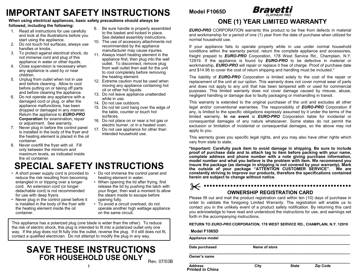 Important safety instructions, Special safety instructions, Save these instructions | For household use only, One (1) year limited warranty, Model f1065d | Bravetti F1065D User Manual | Page 2 / 6