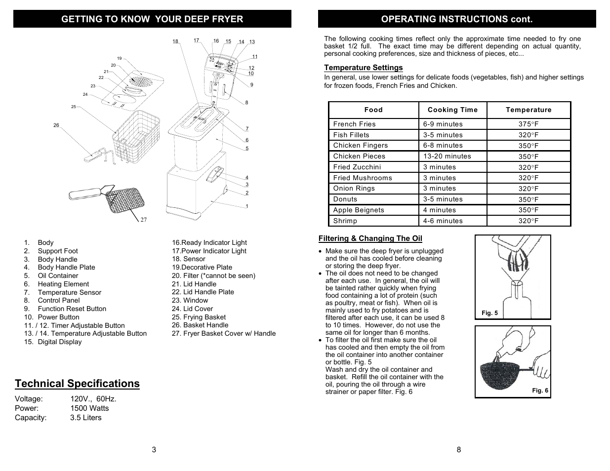 Technical specifications, Getting to know your deep fryer, Operating instructions cont | Bravetti F1065D User Manual | Page 4 / 6