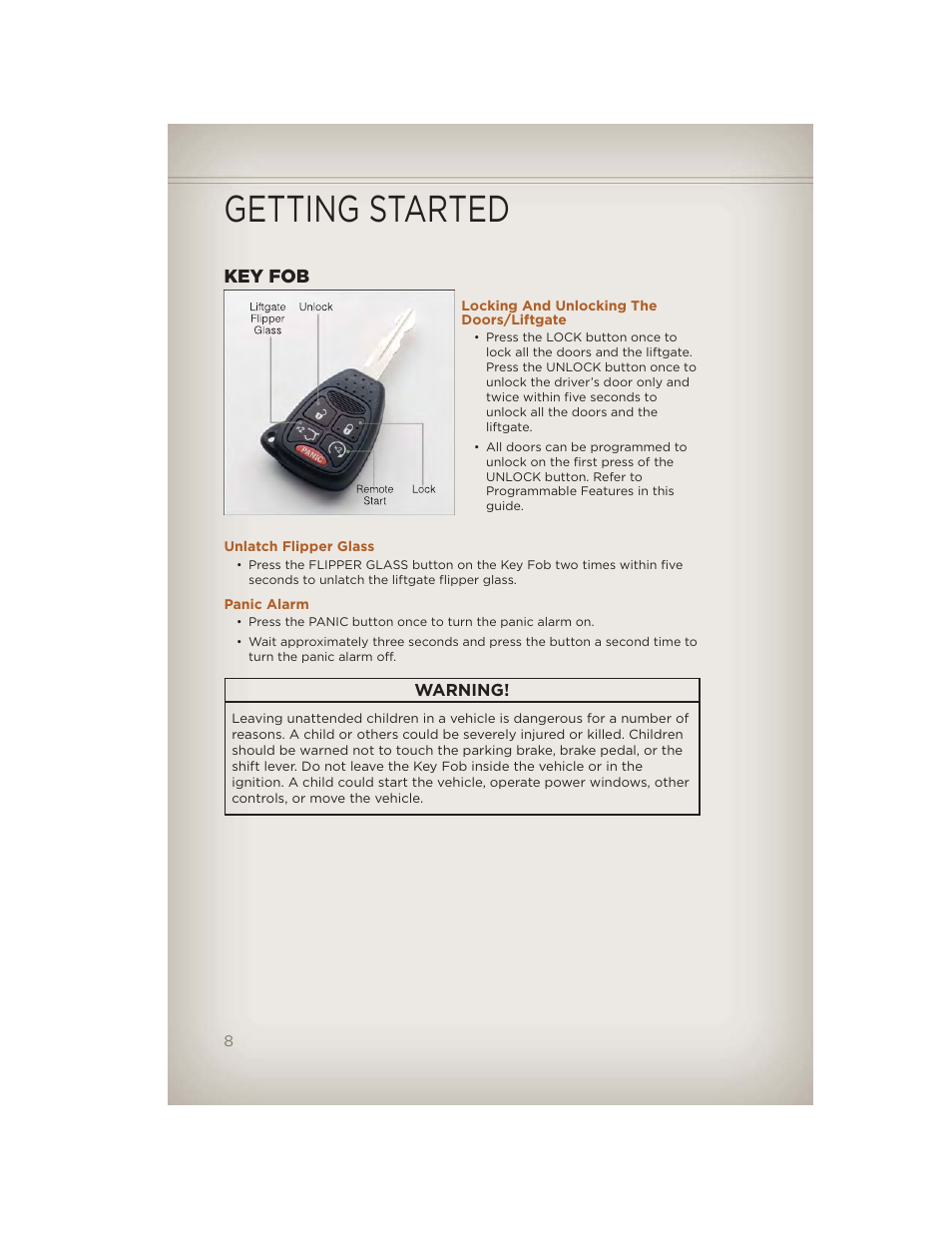 Getting started, Key fob, Locking and unlocking the doors/liftgate | Unlatch flipper glass, Panic alarm | Jeep 2012 Liberty - User Guide User Manual | Page 10 / 124