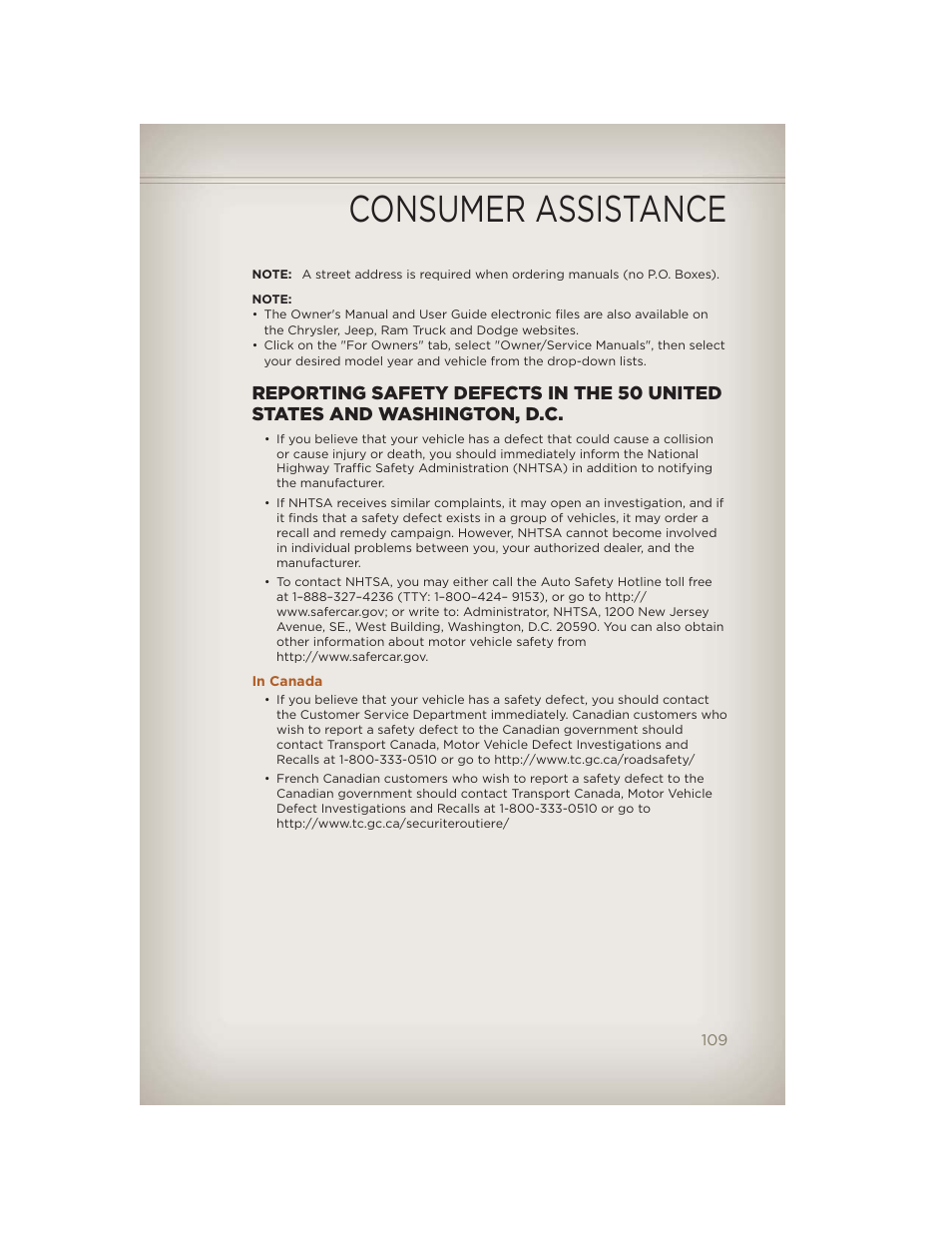 In canada, Consumer assistance | Jeep 2012 Liberty - User Guide User Manual | Page 111 / 124