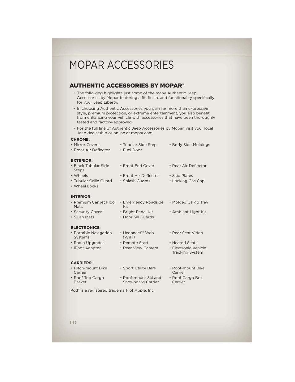 Mopar accessories, Authentic accessories by mopar | Jeep 2012 Liberty - User Guide User Manual | Page 112 / 124