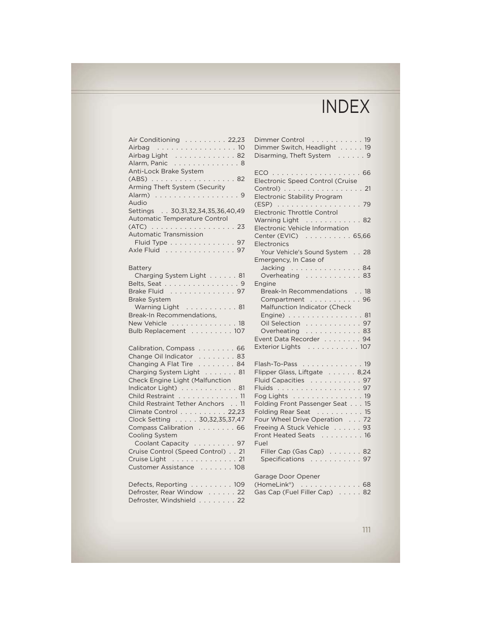 Index | Jeep 2012 Liberty - User Guide User Manual | Page 113 / 124