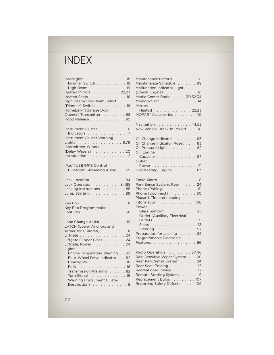 Index | Jeep 2012 Liberty - User Guide User Manual | Page 114 / 124