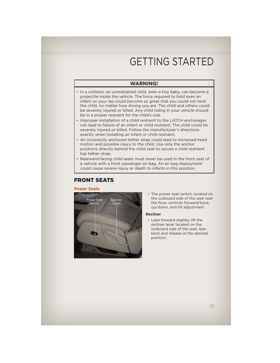 Front seats, Power seats, Getting started | Jeep 2012 Liberty - User Guide User Manual | Page 15 / 124